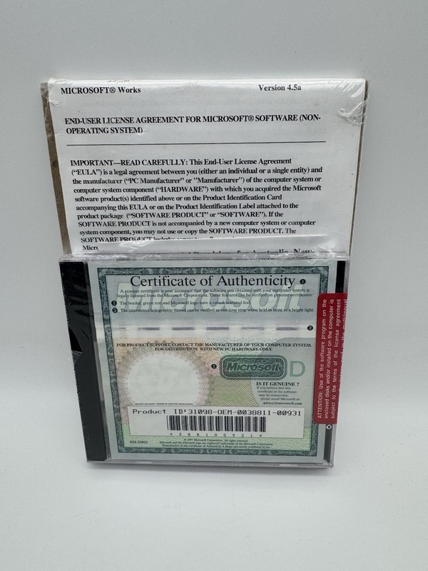 SEALED NOS Microsoft Works 4.5a OEM Windows 95 Certificate gallery