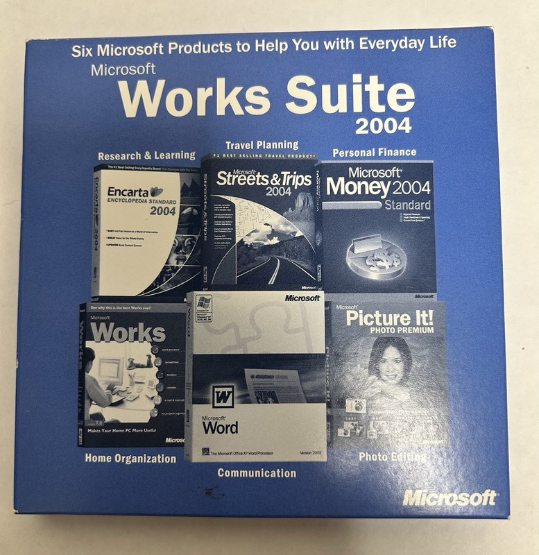 Microsoft Works Suite 2004 Office Software CD for Windows Word Money Encarta