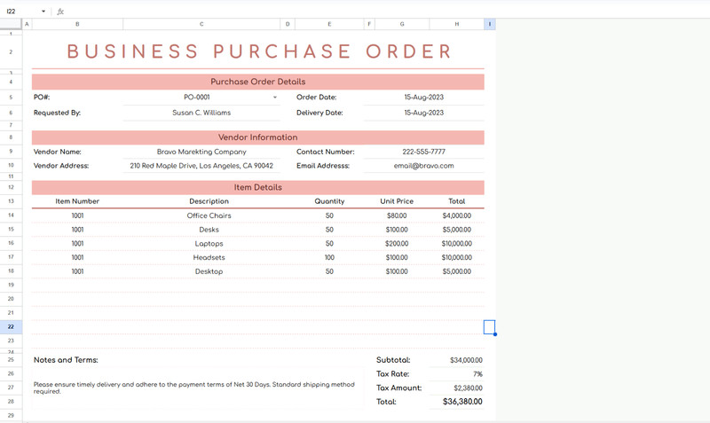 Business Purchase Order Template Excel/Google Sheets gallery