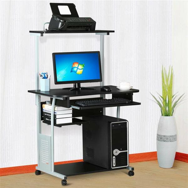2 Tier Rolling Computer Desk w/Printer Shelf Keyboard Tray Black Home Office