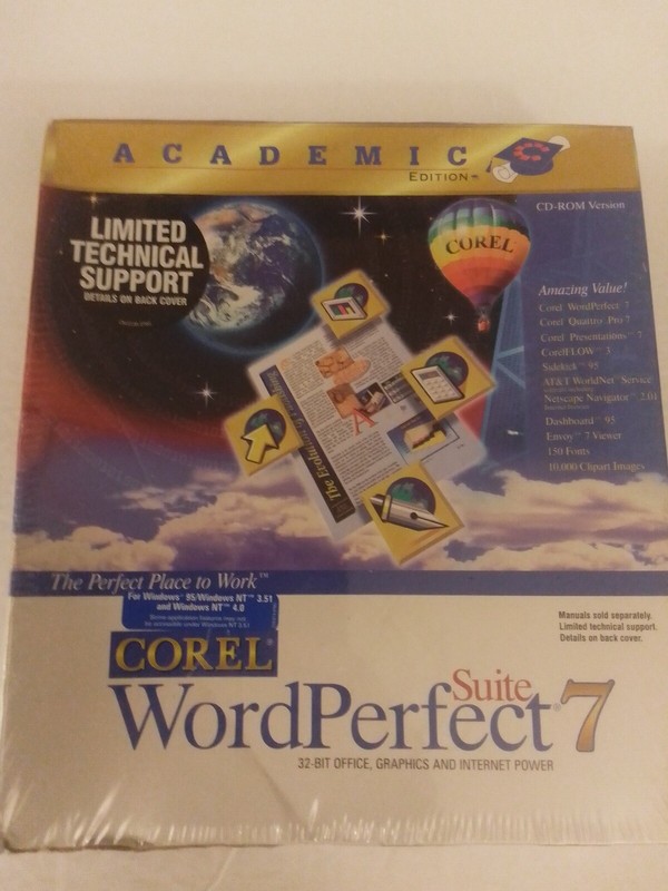 Corel Word Perfect Suite 7 Academic Edition CD-ROM for Windows 95 to XP Sealed