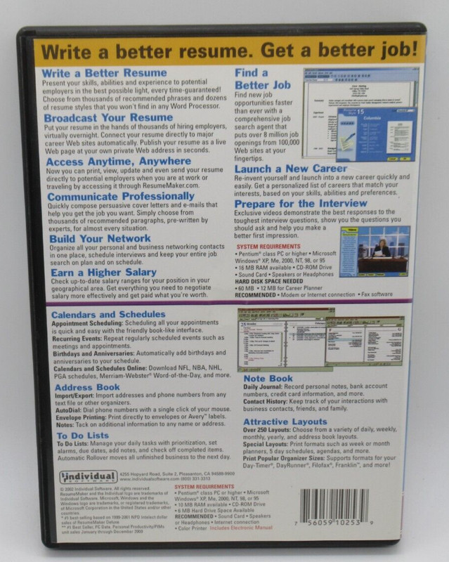 RESUME MAKER DLX & ORGANIZE-QUICK & EASY PRODUCTIVITY 2-DISC PC CD-ROM SOFT. SET gallery