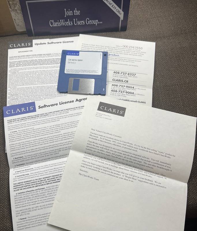 Vintage Apple Macintosh Claris Works 1993 v2.1 Update 3.5″ Floppy Disk + Papers