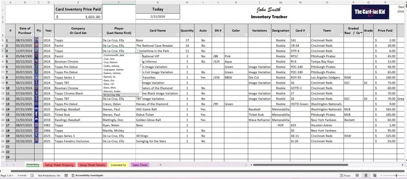 Baseball Card Inventory Tracker & P&L Spreadsheet (Digital) watch Tutorial Video gallery