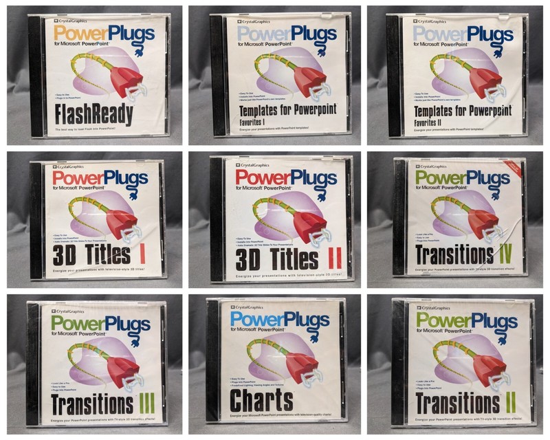 Crystal Graphics Power Plugs for Microsoft Powerpoint Lot Of 9 Software Suite