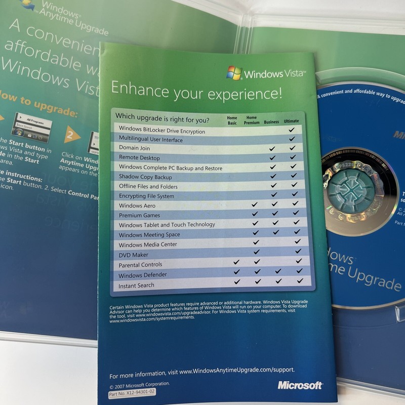 Windows Vista Anytime Upgrade Disc 32 bit English Microsoft Software gallery