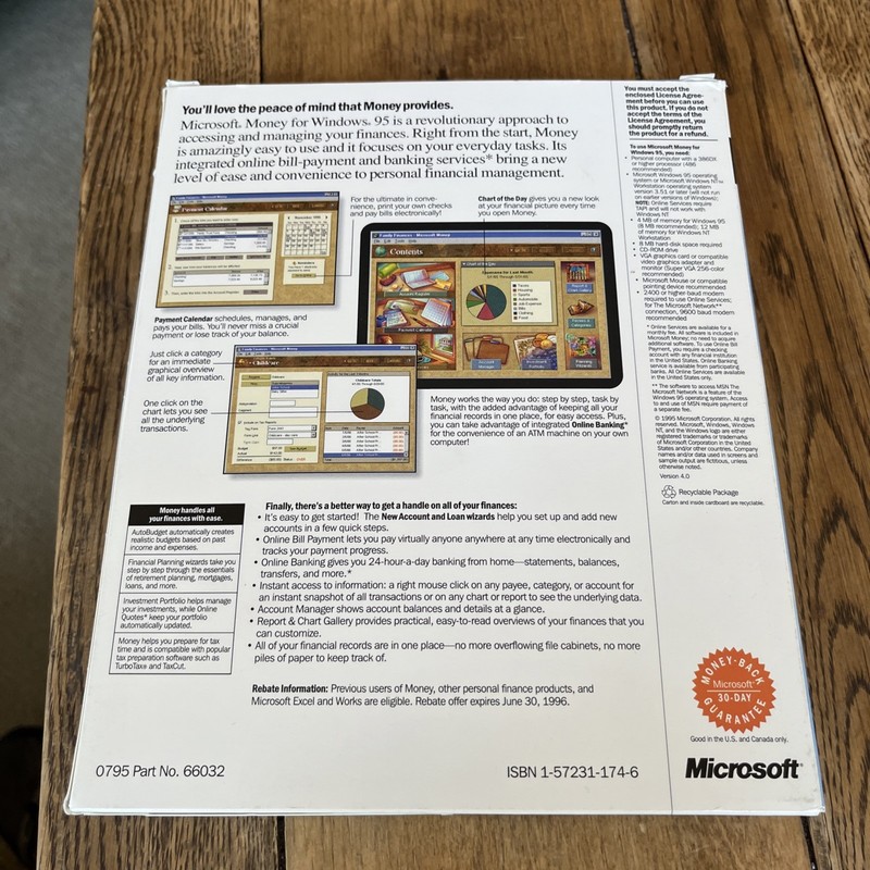 NEW Microsoft Money Windows 95 CD & 3.5” Disc Complete Retail Box - Sealed Discs gallery