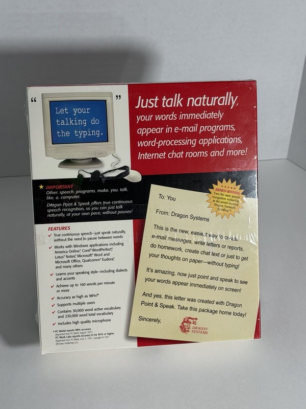 Dragon Point & Speak Speech Recognition Software, 1997 (NEW, SEALED) gallery