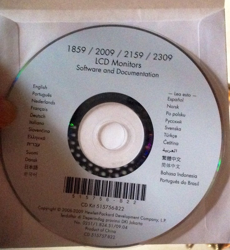 HP Software Documentation LCD Monitors 1859 2009 2159 2309 CD Kit Windows Disc