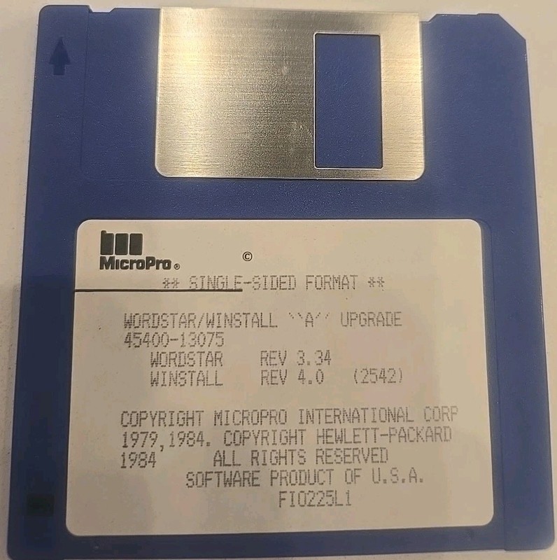 1979 Hewlett Packard HP MicroPro WordStar 3.34 / Winstall 4.0 3 1/2" Inch Disk