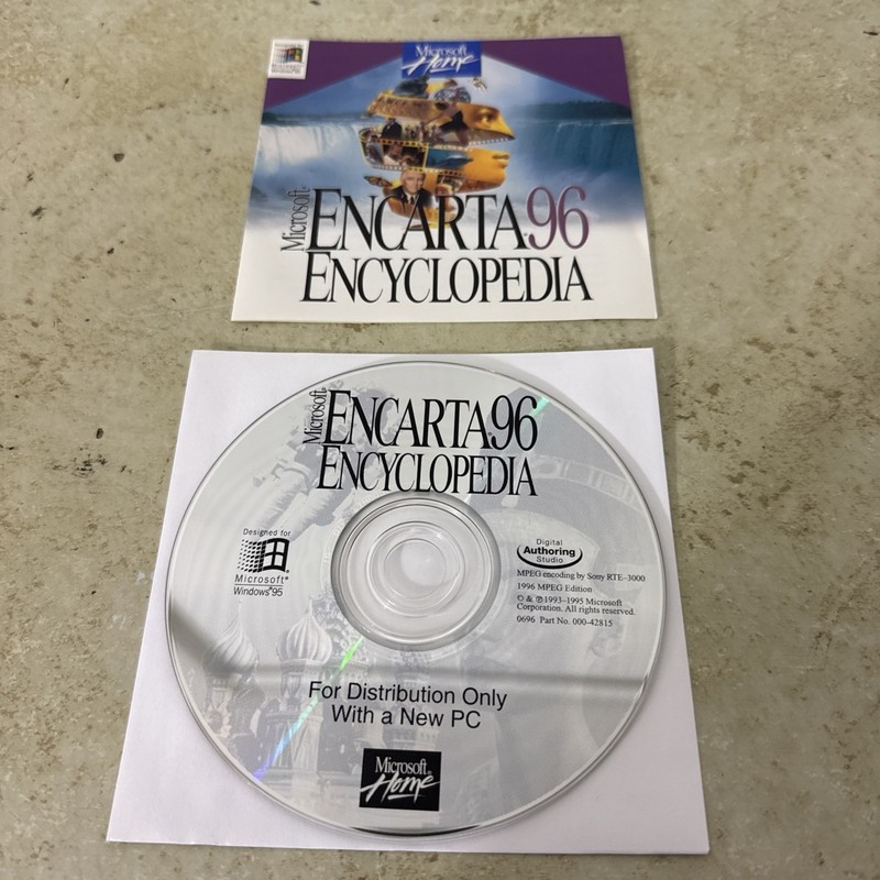 Microsoft Encarta 96 Encyclopedia – PC Software – Microsoft Home 1995 disc/book