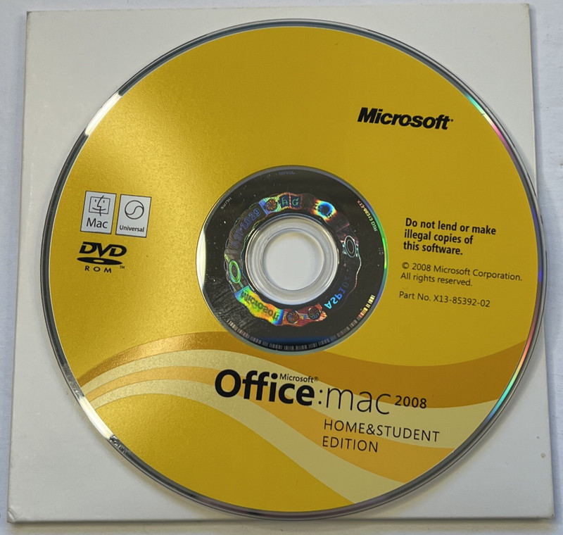 Microsoft Office Mac 2008 Home and Student (Mac, 2008) disc only- key included