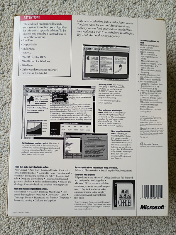 Microsoft Word Version 6.0 Special Upgrade Ed for Windows 3.5” High Density 1993 gallery