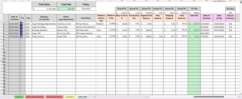 Baseball Card Inventory Tracker & P&L Spreadsheet (Digital) watch Tutorial Video gallery