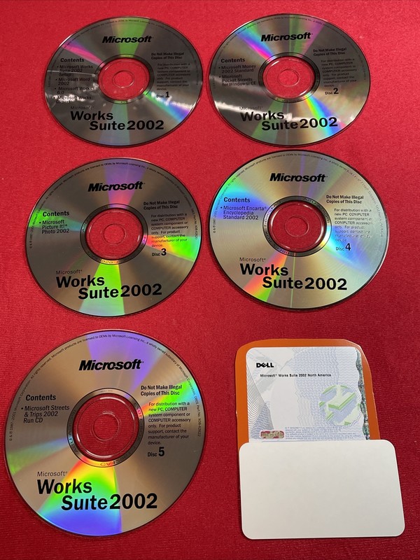 Microsoft Works Suite 2002 PC 5 CD-ROMs Word 2002 With Product Key Great