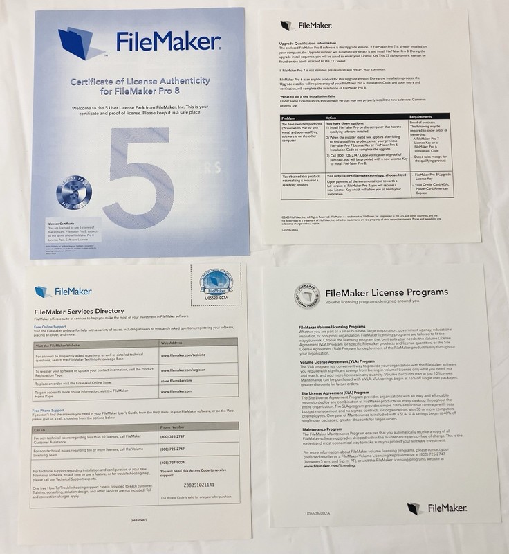 FileMaker Pro 8 Upgrade 5-License Pack Mac Windows XP w/ Box Manuals CD Extras gallery