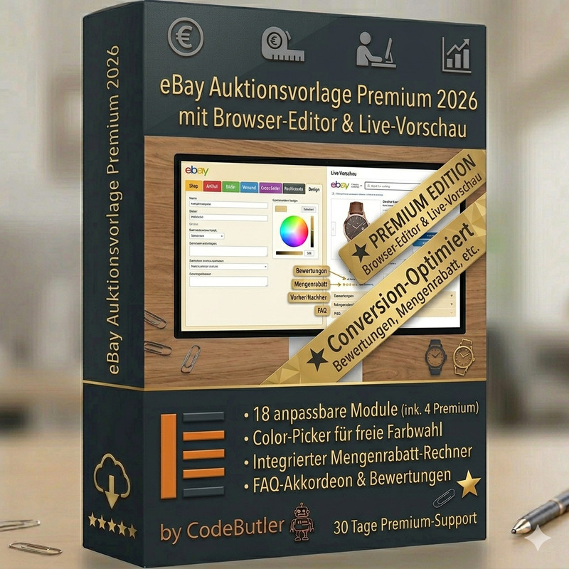 eBay Template Premium 2026 Browser Editor Live Preview 18 Modules HTML Responsive
