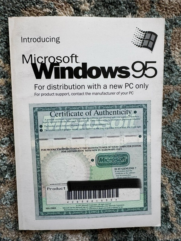 Introducing Microsoft Windows 95 Manual, Certificate of Authenticity, Product ID