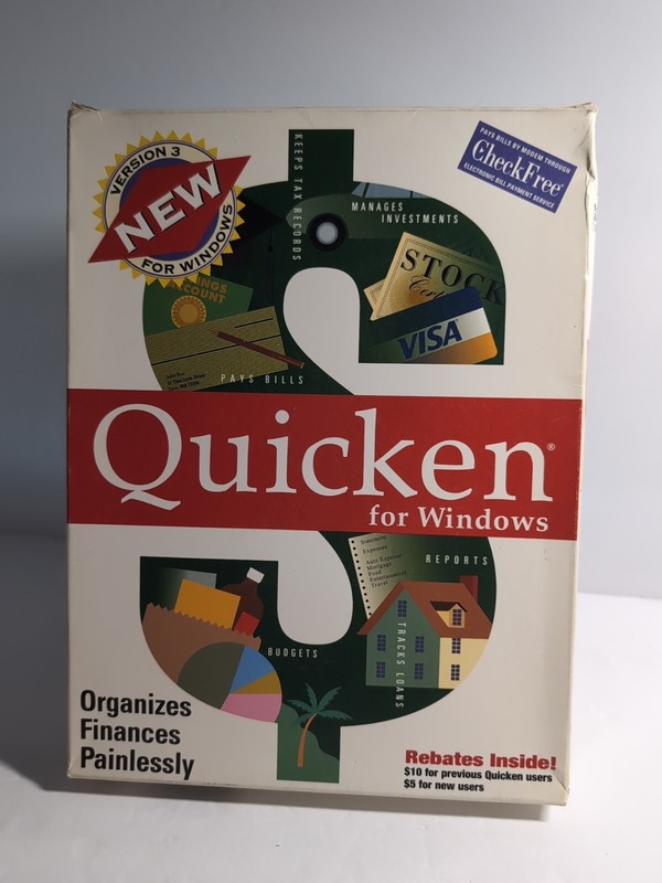 1993 Original Quicken Version 3 For Windows Software 3.5 Inch Floppy Box & Books