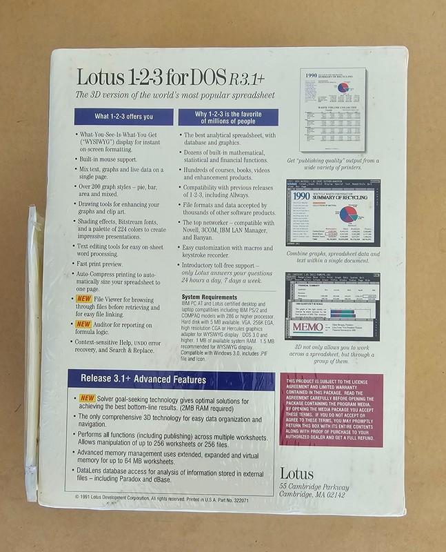 Vintage Lotus 123 Release 3.1+ for DOS, UPGRADE, New/Sealed IOB gallery