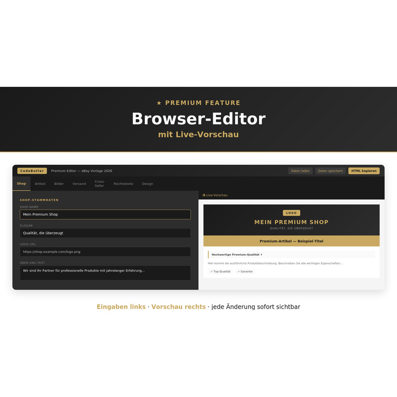 eBay Template Premium 2026 Browser Editor Live Preview 18 Modules HTML Responsive gallery