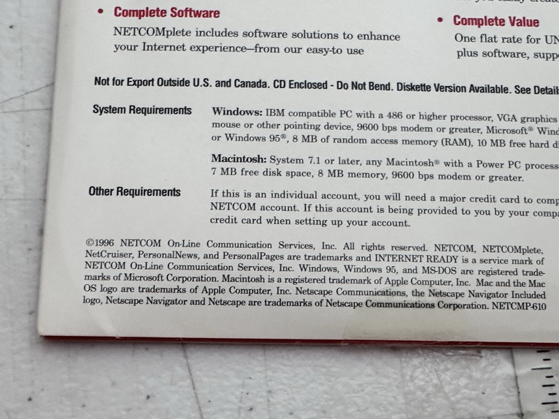Vtg 1996 NETCOMplete Internet Kit CD-ROM Windows Mac w/Original Mailer NOS ISP gallery