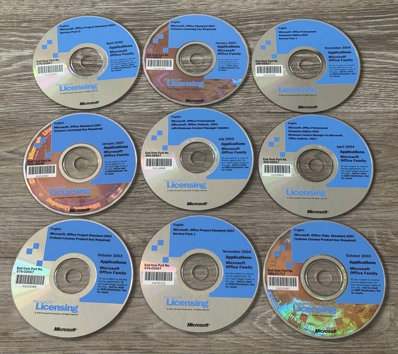 Microsoft Office Licensing CD Lot of 9 Office 2003 2007 Project Visio Discs Only