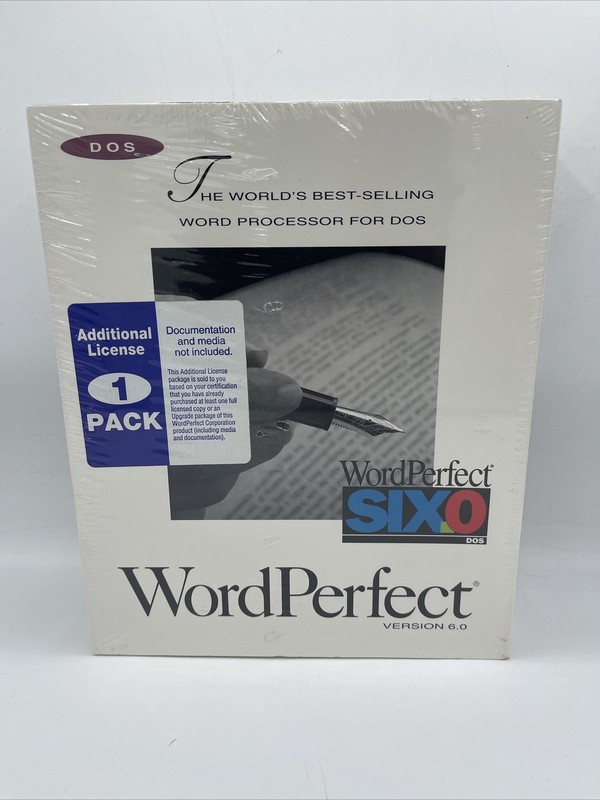 Word Perfect Version 6.0 DOS SEALED. Additional License 1 Pack.