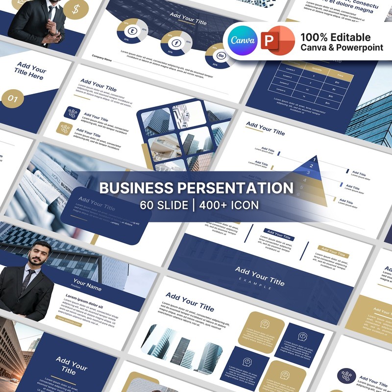 Blue and Gold PowerPoint Template - Minimalist Business Slide Deck