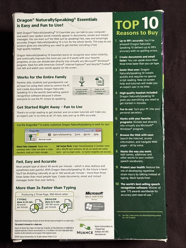 Dragon Naturally Speaking 10 Standard Speech Recognition Software (PC) SEALED gallery