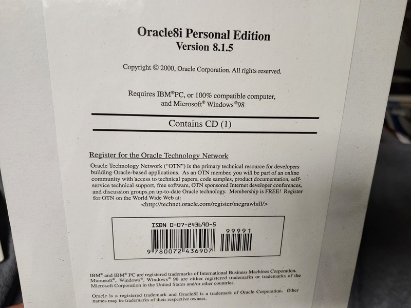 ORACLE8i PERSONAL EDITION VERSION 8.1.5 NEW SEALED ISBN 0072436905 WINDOWS 98 gallery