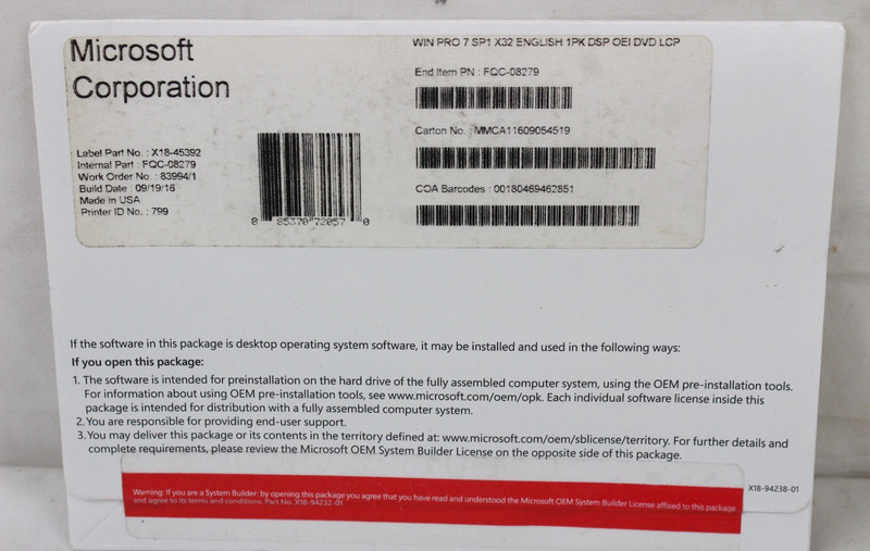 NEW MICROSOFT WINDOWS PRO 7 PROFESSIONAL SP1 X32 ENG 1PK DSP OEI DVD LCP ZZ