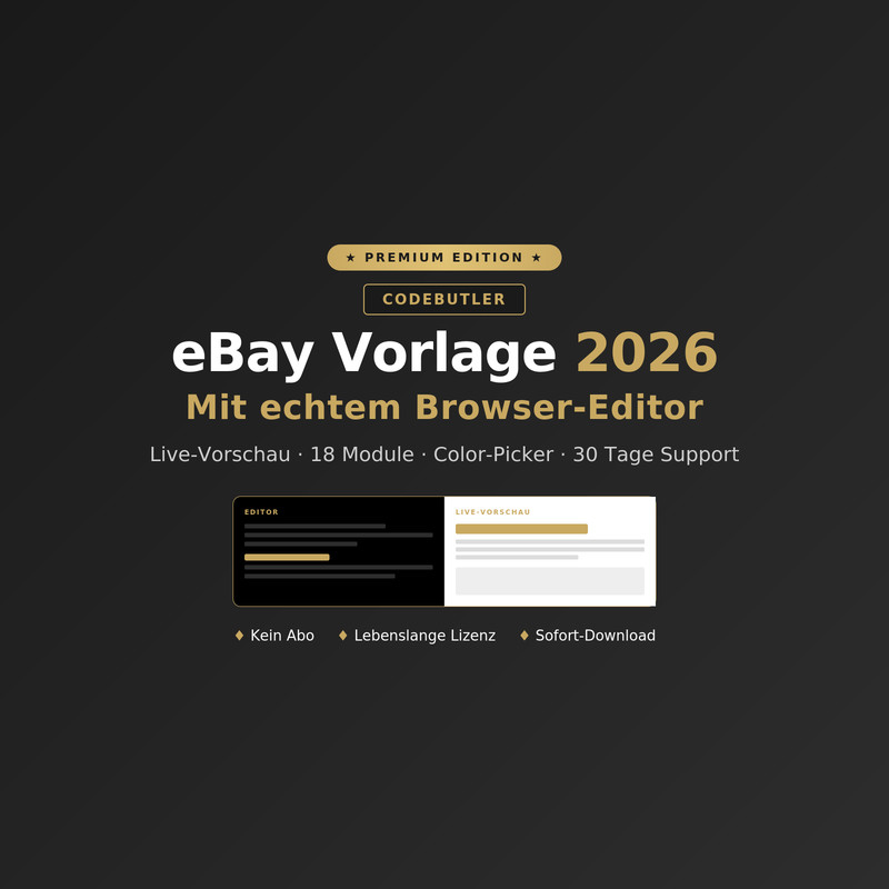 eBay Template Premium 2026 Browser Editor Live Preview 18 Modules HTML Responsive gallery
