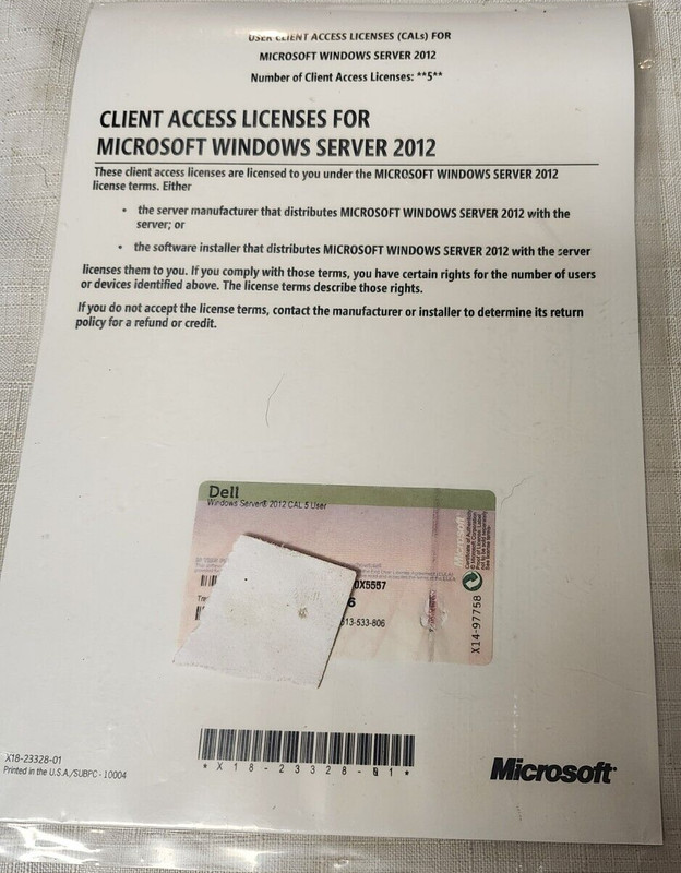NEW Dell Client Access Licenses CAL For Microsoft Windows Server 2012 5 User