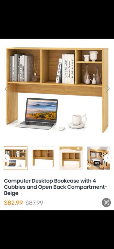 Computer Desktop Bookcase with 4Cubbies and Open Back Compartment-Beige